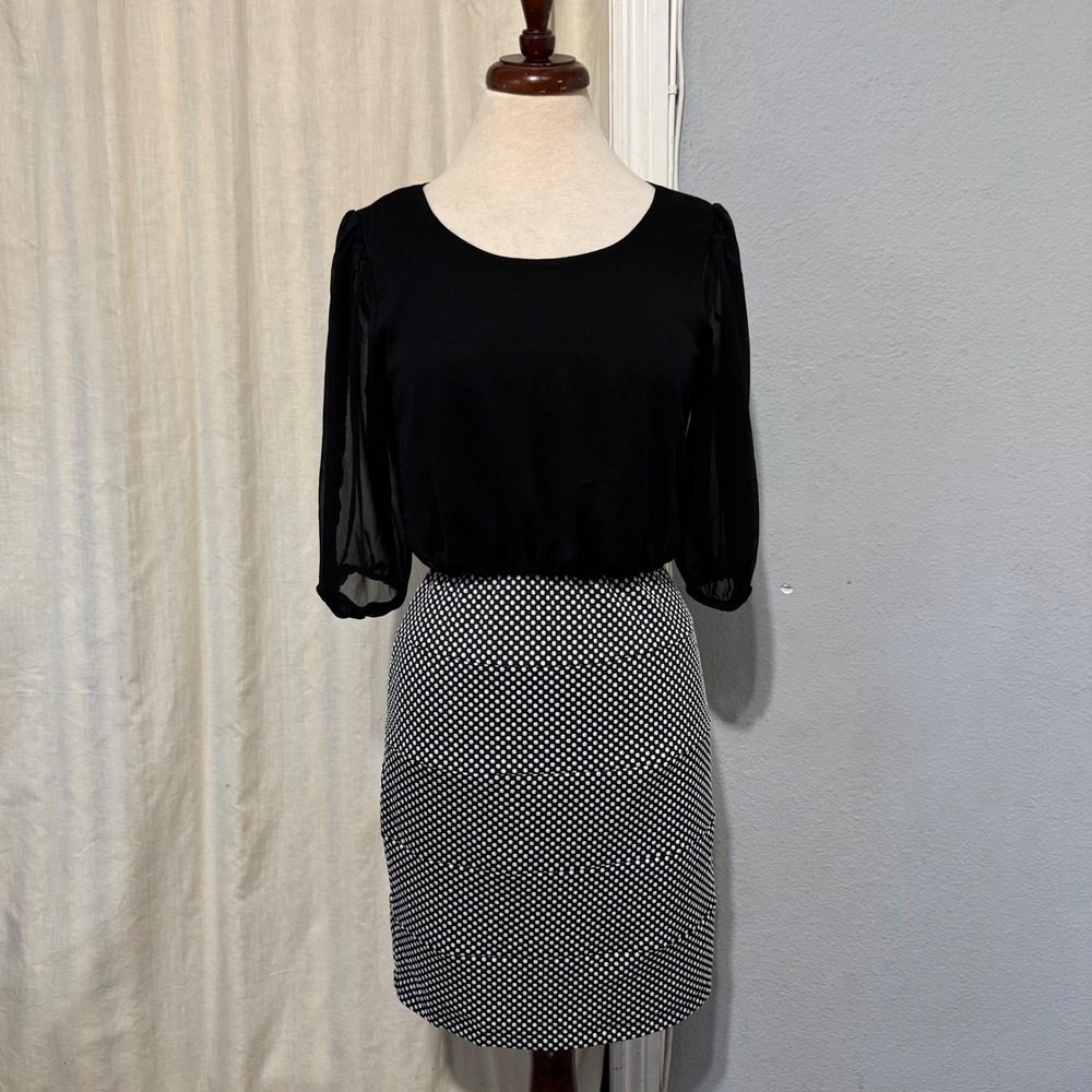 ENFOCUS Petite‎ Black White Polka Dot Sheath 1/2 Sleeve Short Office Dress 4P